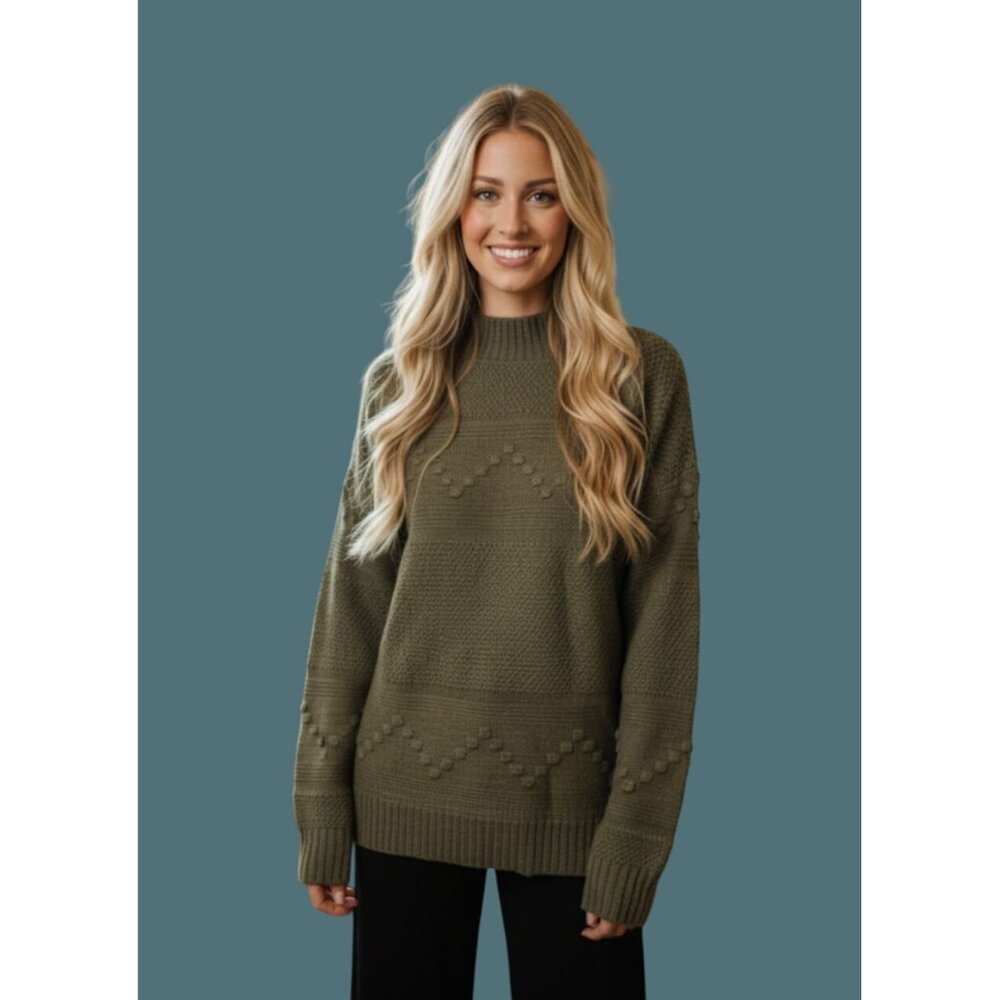 Pink Clover Olive Green Textured Cotton & Acrylic Knit Sweater Women L